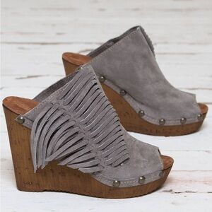 Fringed Suede Open-Toe Wedge Sandals